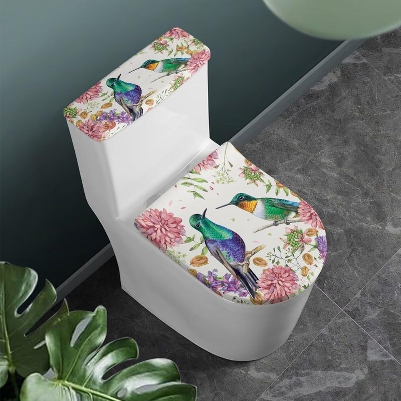CREAMIC Hummingbird Toilet Lid Covers and Tank Cover Set 2Pcs Toilet Seat Cover and Tank Lid Covers Toilet Lid Cover Set for Bathroom Decor Machine Washable - Image 1